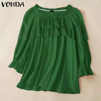 VONDA Женская летняя блузка свободного покроя с круглым вырезом и рукавами 3/4 в стиле пэчворк с оборками S оранжевый