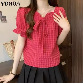 VONDA Женская летняя клетчатая блузка с квадратным вырезом и короткими рукавами L розовый