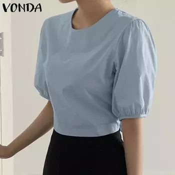 VONDA женская летняя круглая шея пышная с коротким рукавом и коротким рукавом сзади с галстуком однотонная свободная блузка