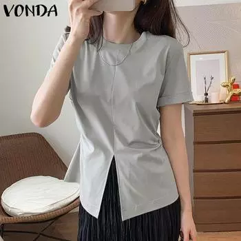VONDA женская летняя круглая шея с короткими рукавами и разрезами, однотонная свободная блузка