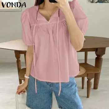 VONDA женская летняя круглая шея с пузырьками и короткими рукавами, однотонная повседневная блузка с галстуком