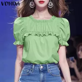 VONDA женская летняя кружевная круглая горловина буф с коротким рукавом блузка 4XL светло-розовый