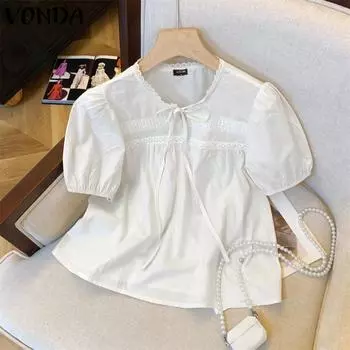 VONDA женская летняя кружевная круглая горловина буф с коротким рукавом блузка L светло-зеленый