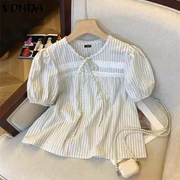 VONDA Женская летняя кружевная блузка с круглым вырезом и коротким рукавом в полоску 3XL розовый