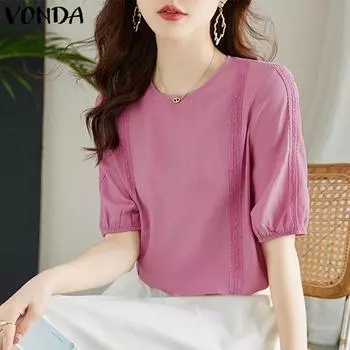 VONDA Женская летняя кружевная прямая однотонная свободная блузка с круглым вырезом и короткими рукавами