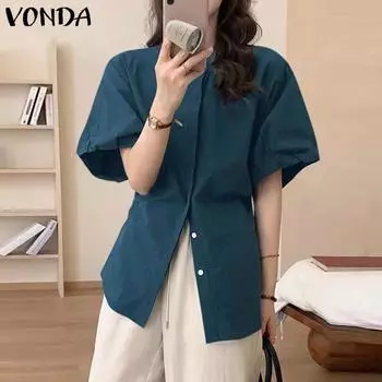 VONDA женская летняя маленькая рубашка с воротником-стойкой и открытой планкой, пышная рубашка с короткими рукавами и пуговицами, однотонная свободная рубашка