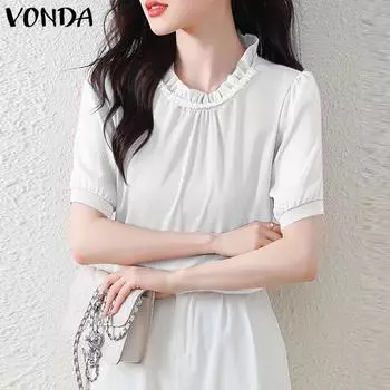 VONDA женская летняя маленькая свободная блузка с воротником-стойкой и короткими рукавами, однотонная, расшитая бисером