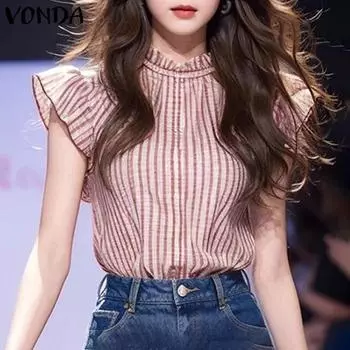 VONDA Женская летняя модная полосатая блузка без рукавов с воротником-стойкой 4XL красный