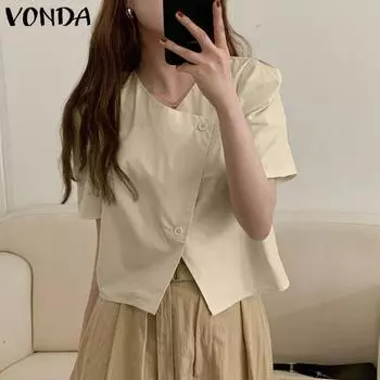 VONDA женская летняя однотонная блузка с короткими рукавами и нестандартным вырезом на боковых пуговицах