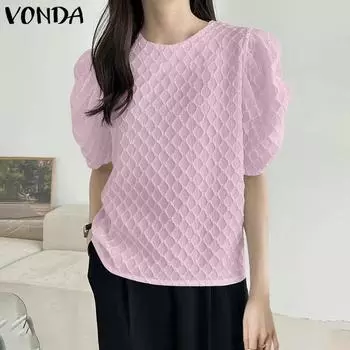 VONDA женская летняя однотонная блузка с круглым вырезом и пышными рукавами с короткими рукавами 3XL розовый