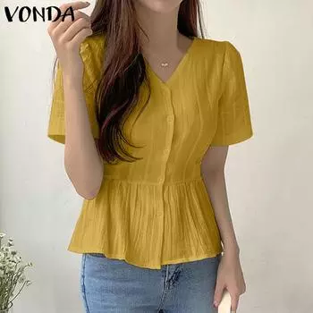 VONDA женская летняя однотонная блузка с v-образным вырезом и короткими рукавами в полоску и пуговицами на талии