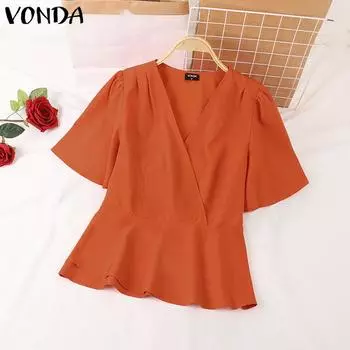 VONDA женская летняя однотонная блузка с v-образным вырезом, плиссированной талией и короткими рукавами 5XL оранжевый