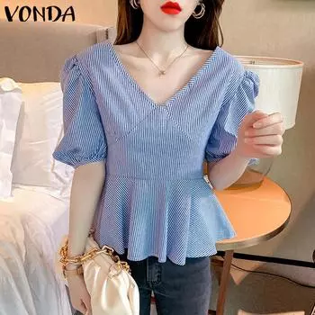 VONDA женская летняя однотонная блузка с v-образным вырезом и короткими рукавами в полоску на талии