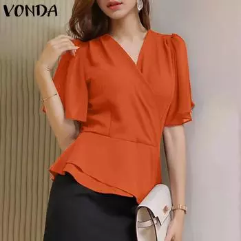 VONDA Женская летняя однотонная блузка с v-образным вырезом, плиссированной талией и короткими рукавами