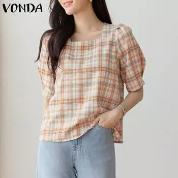 VONDA женская летняя однотонная клетчатая блузка с квадратным вырезом и короткими рукавами
