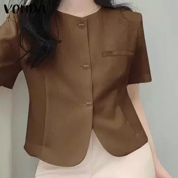 VONDA женская летняя однотонная куртка с круглым вырезом, короткими рукавами, пуговицами и карманами