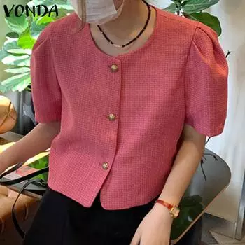 VONDA женская летняя однотонная куртка с круглым вырезом и короткими рукавами и пуговицами