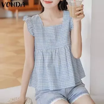 VONDA женская летняя однотонная майка в клетку без рукавов с круглым вырезом и рюшами