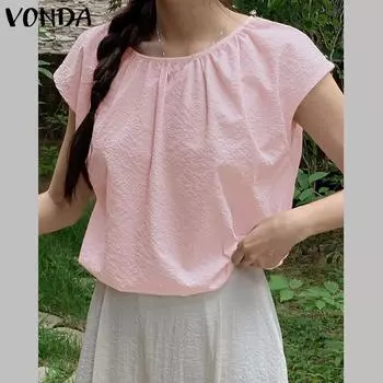 VONDA женская летняя однотонная повседневная блузка из фактурной ткани с круглым вырезом и короткими рукавами
