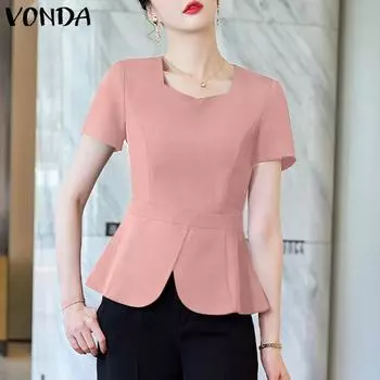 VONDA женская летняя однотонная повседневная блузка с квадратным вырезом и короткими рукавами, с разрезом на талии