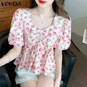 VONDA женская летняя однотонная повседневная блузка с квадратным вырезом и короткими рукавами с принтом