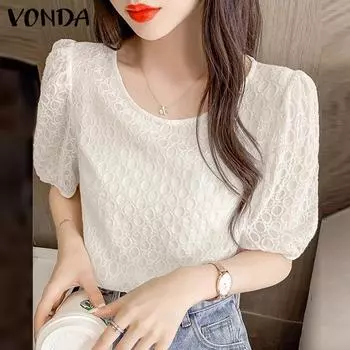 VONDA женская летняя однотонная повседневная блузка с круглым вырезом и пышными буфами с короткими рукавами и ощущением мышц