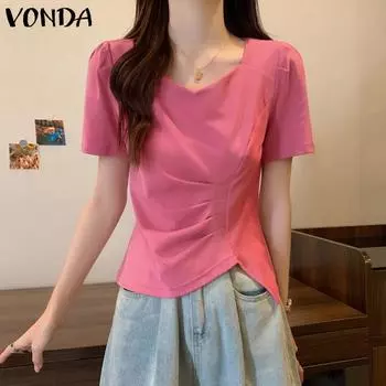 VONDA женская летняя однотонная повседневная блузка с круглым вырезом и короткими рукавами, неровный подол