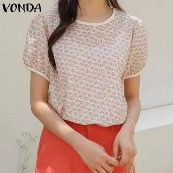 VONDA женская летняя однотонная повседневная блузка в стиле пэчворк с круглым вырезом и короткими рукавами