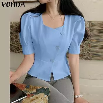 VONDA женская летняя однотонная повседневная рубашка с квадратным воротником, короткими рукавами и пуговицами, наклонной планкой