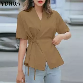 VONDA женская летняя однотонная повседневная рубашка с v-образным вырезом и коротким рукавом, завязка на талии