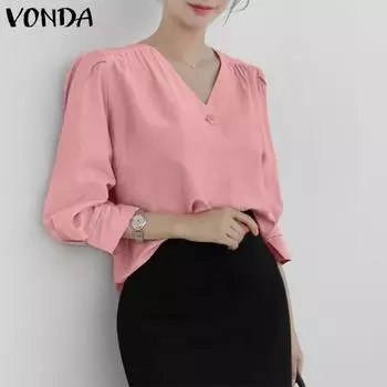 VONDA женская летняя однотонная повседневная рубашка с v-образным вырезом, рукавами 3/4 и пуговицами накладной планкой