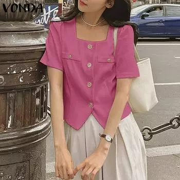 VONDA женская летняя однотонная рубашка с квадратным воротником и короткими рукавами с искусственными карманами и пуговицами по краю