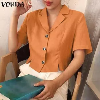 VONDA женская летняя однотонная рубашка с лацканами и короткими рукавами и пуговицами, разделенная подолом