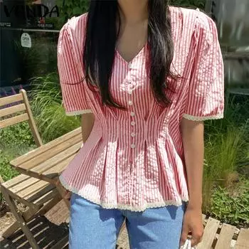 VONDA женская летняя однотонная рубашка с v-образным вырезом и коротким рукавом, кружевная полоска, плиссированная пуговица, сборная талия