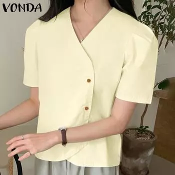 VONDA женская летняя однотонная рубашка с v-образным вырезом и короткими рукавами и пуговицами, неровный подол
