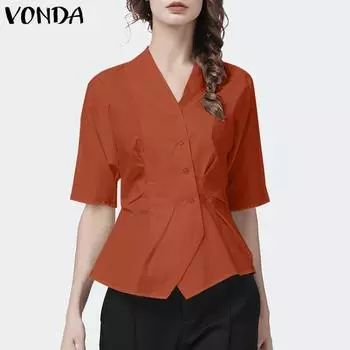 VONDA женская летняя однотонная рубашка с v-образным вырезом и коротким рукавом на пуговицах