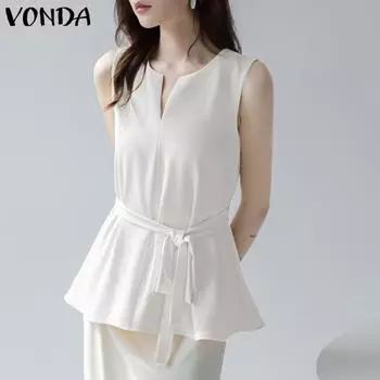 VONDA женская летняя однотонная свободная блузка без рукавов с v-образным вырезом и поясом А-типа