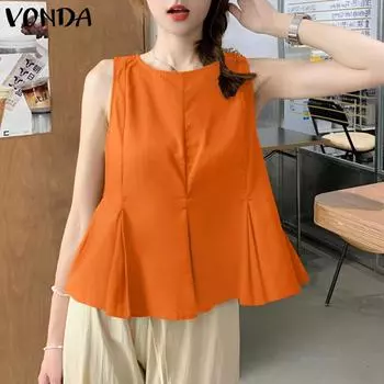 VONDA женская летняя однотонная свободная блузка без рукавов с круглым вырезом