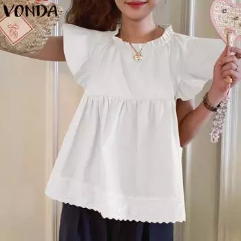 VONDA женская летняя однотонная свободная блузка без рукавов с воротником и рюшами