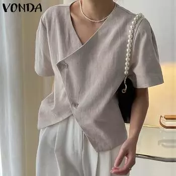 VONDA женская летняя однотонная свободная блузка на пуговицах с v-образным вырезом и короткими рукавами