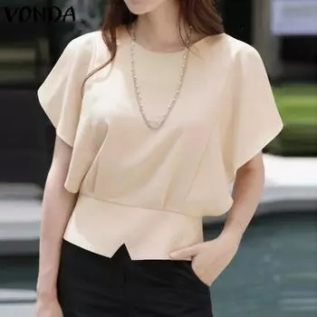 VONDA женская летняя однотонная свободная блузка с круглым вырезом, заниженными плечами и короткими рукавами