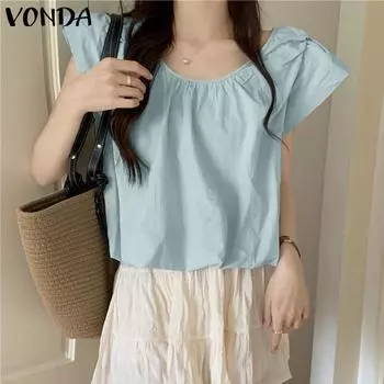 VONDA женская летняя однотонная свободная блузка с круглым вырезом и половиной рукавов