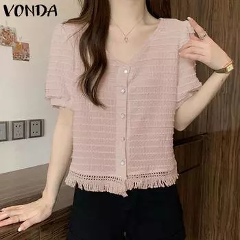 VONDA Женская летняя однотонная свободная блузка с v-образным вырезом на пуговицах и короткими рукавами