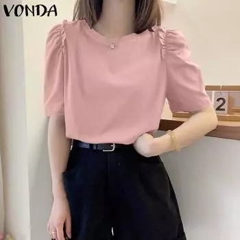 VONDA женская летняя однотонная свободная блузка с круглым вырезом и оборками и короткими рукавами 3XL оранжевый