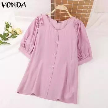 VONDA женская летняя однотонная свободная блузка с круглым вырезом и короткими рукавами и рюшами