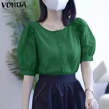 VONDA женская летняя однотонная свободная блузка с круглым вырезом и короткими рукавами и рюшами
