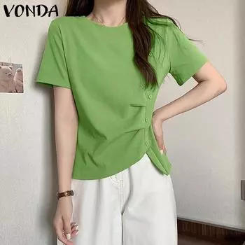 VONDA женская летняя однотонная свободная блузка с круглым вырезом, коротким рукавом и пуговицами, неровный подол