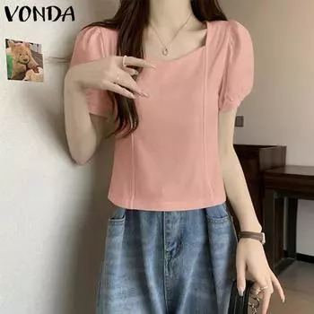VONDA женская летняя однотонная свободная блузка с квадратным вырезом и короткими рукавами