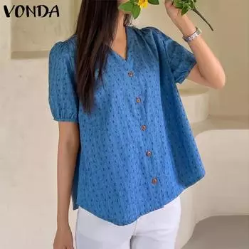 VONDA женская летняя однотонная свободная блузка с v-образным вырезом и короткими рукавами и пуговицами в полоску с принтом