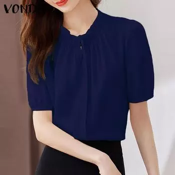 VONDA женская летняя однотонная свободная блузка с воротником-стойкой и коротким рукавом 5XL ярко-розовый